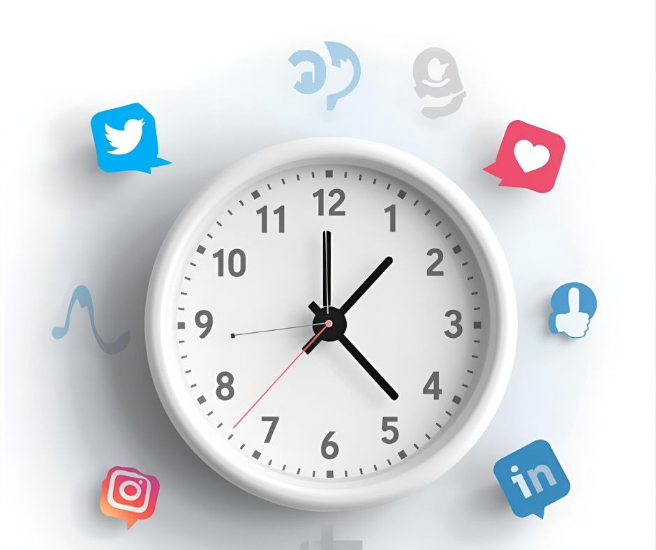 A clock showing peak engagement times with social media notification icons around it