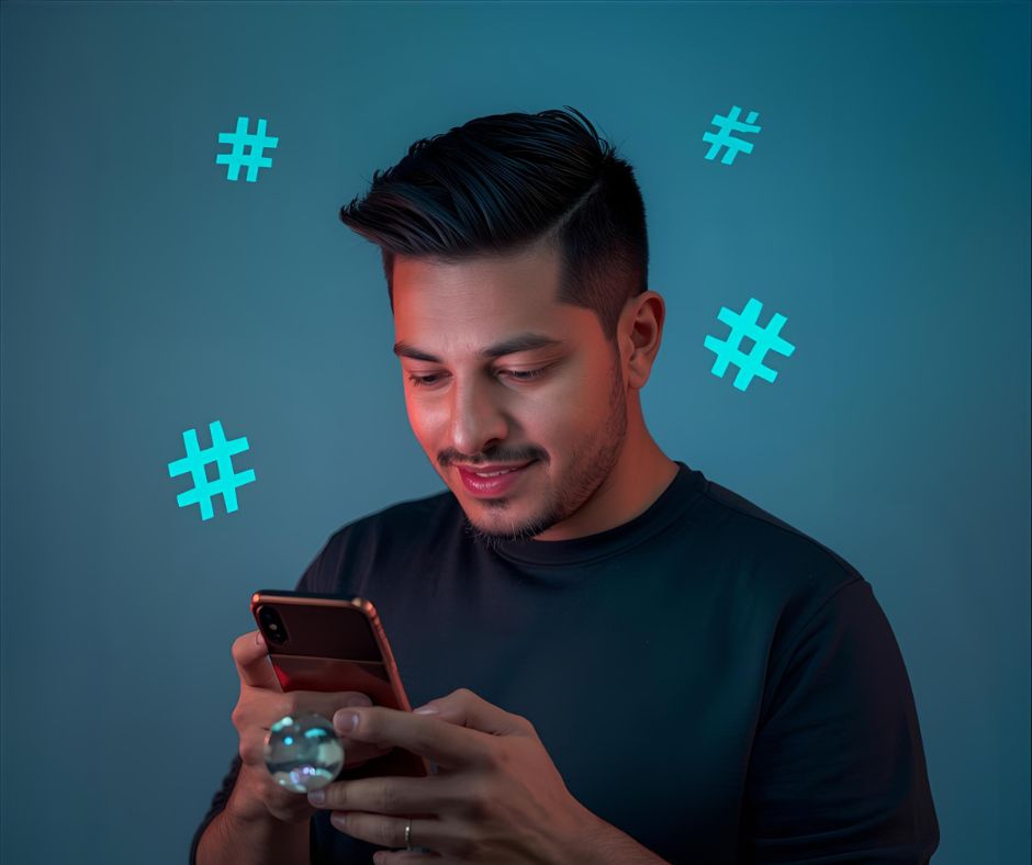 A person creating content on phone with trending hashtags floating around them