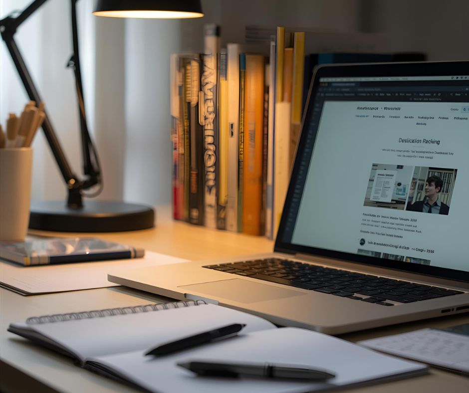 online learning setup with laptop and notes