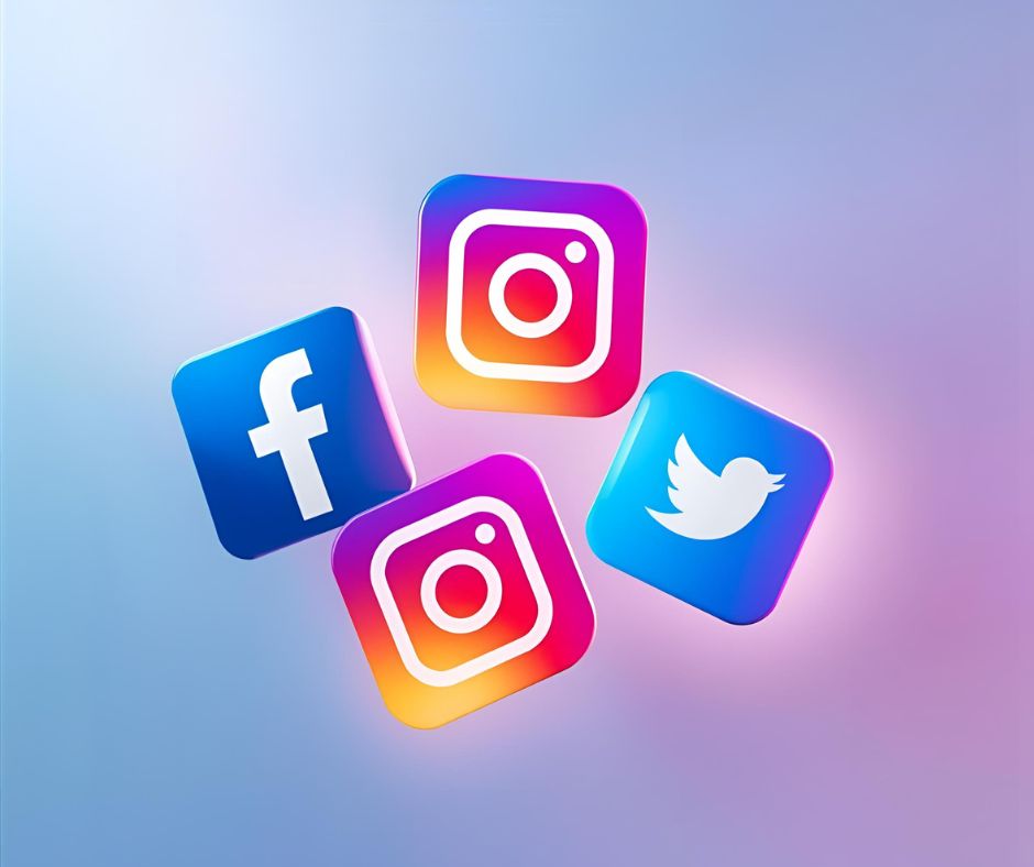 social media icons (Facebook, Instagram, LinkedIn, Twitter) arranged creatively here