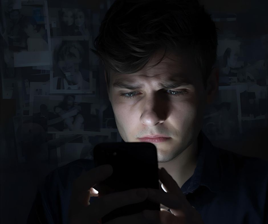 A person looking distressed while holding a smartphone, with a faint image of deleted photos in the background