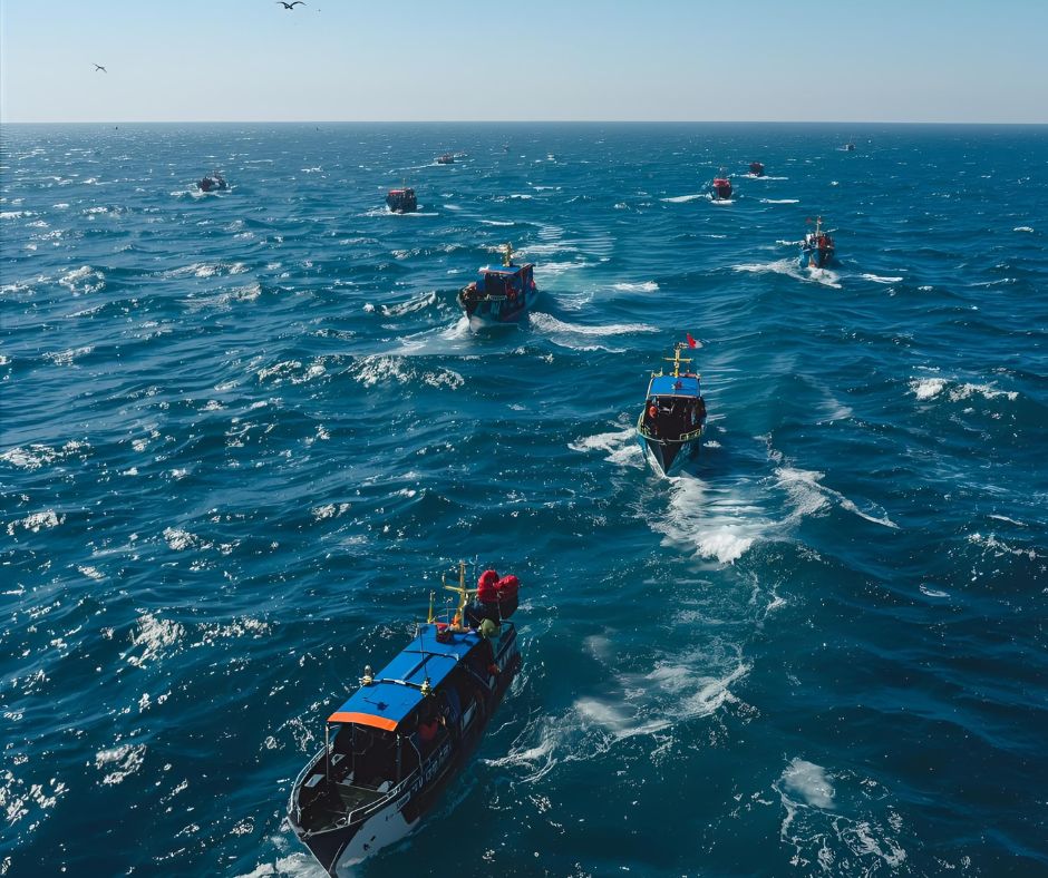 Global Sumud Flotilla ships sailing in the Mediterranean Sea