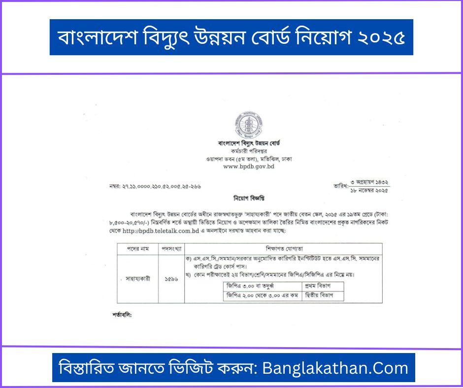 বাংলাদেশ বিদ্যুৎ উন্নয়ন বোর্ড নিয়োগ ২০২৫