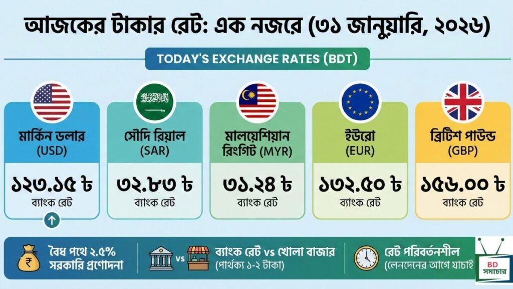 আজকের টাকার রেট ডলার ও বিভিন্ন দেশের মুদ্রার সর্বশেষ বাংলাদেশি দাম (Ajker Taka Rate 2026)