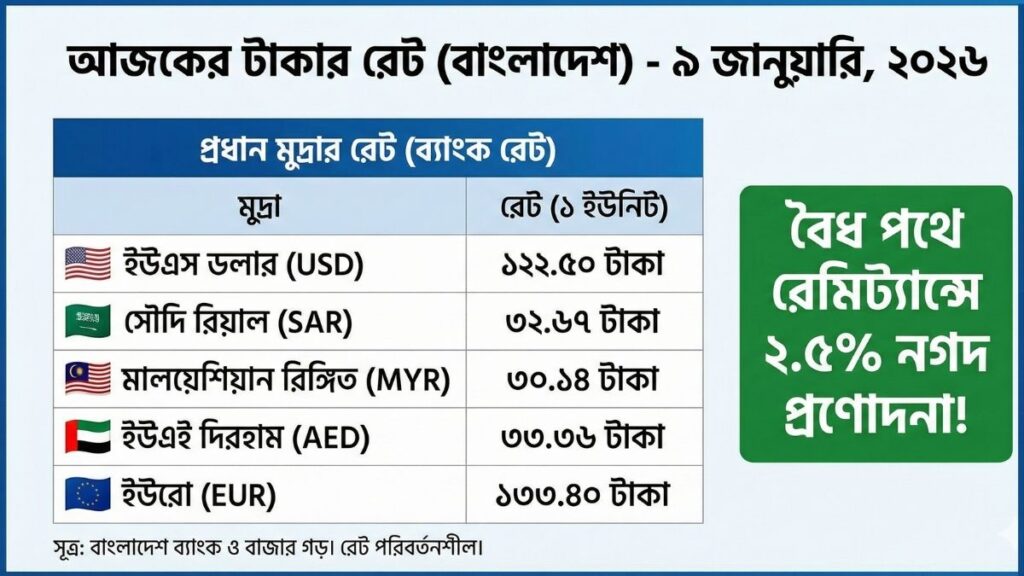 আজকের টাকার রেট ২০২৬
