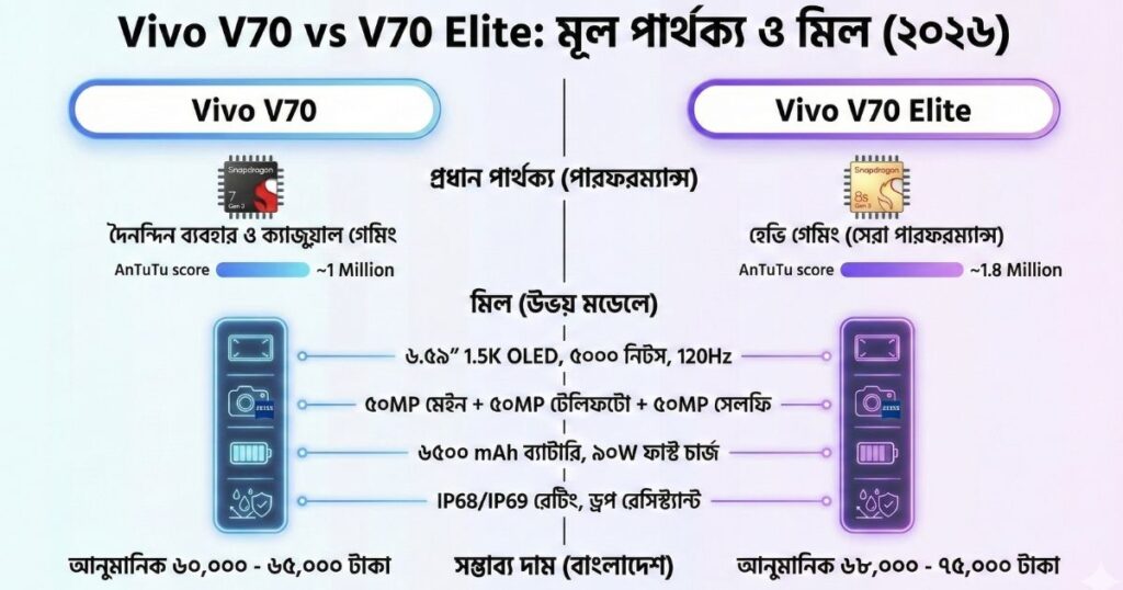 Vivo V70 বনাম V70 Elite রিভিউ বাংলাদেশে দাম, স্পেসিফিকেশন এবং পারফরম্যান্স (২০২৬)