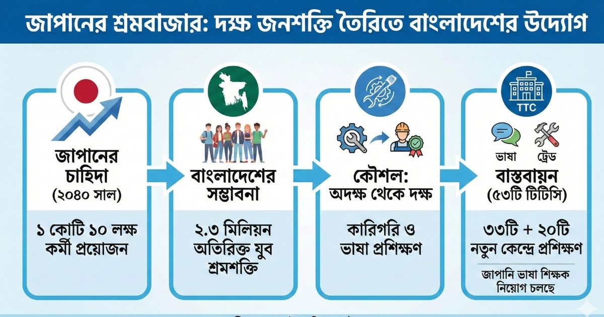 জাপানে ২০৪০ সালের মধ্যে ১.১ কোটি কর্মীর সুযোগ দক্ষ জনশক্তি তৈরিতে ৫৩ টিটিসিতে বিশেষ প্রশিক্ষণ
