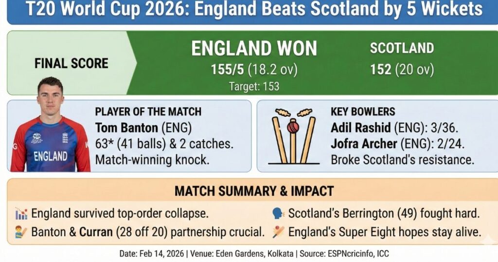 টি-২০ বিশ্বকাপ ২০২৬ হাইলাইটস ইংল্যান্ডে বনাম স্কটল্যান্ড
