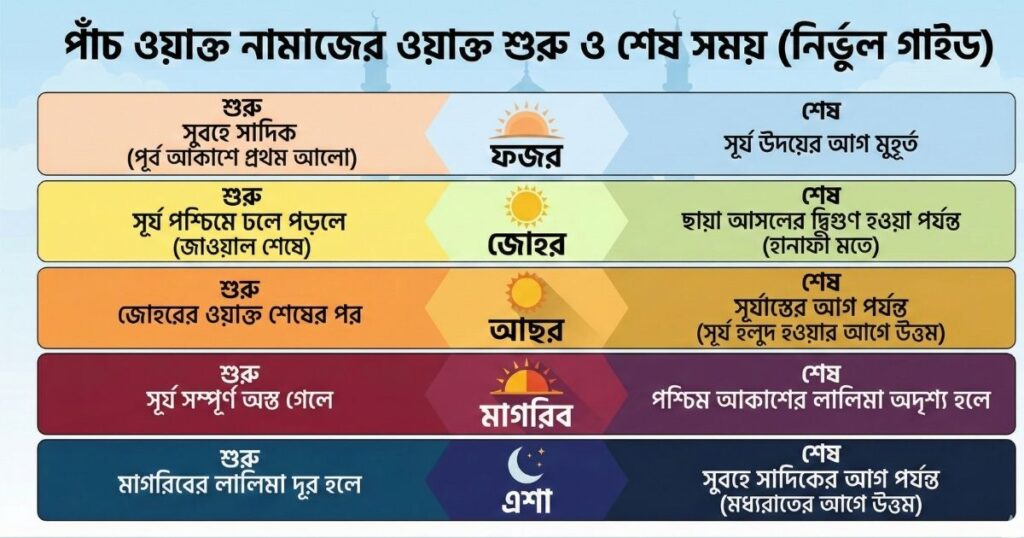 পাঁচ ওয়াক্ত নামাজের ওয়াক্ত শুরু ও শেষ সময়