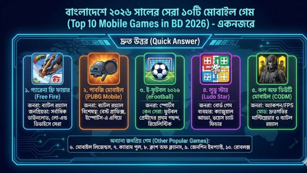 বাংলাদেশে ২০২৬ সালের সেরা ১০টি মোবাইল গেম Top 10 Mobile Games in BD 2026