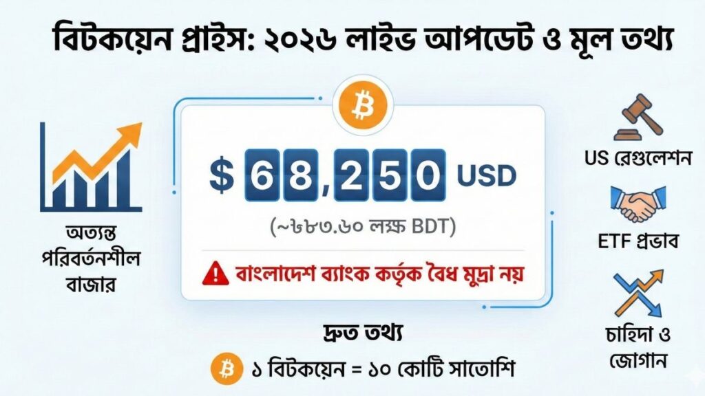 বিটকয়েন প্রাইস ২০২৬ আজকের রেট, ভবিষ্যৎ এবং বাংলাদেশিদের জন্য আইনি সতর্কতা