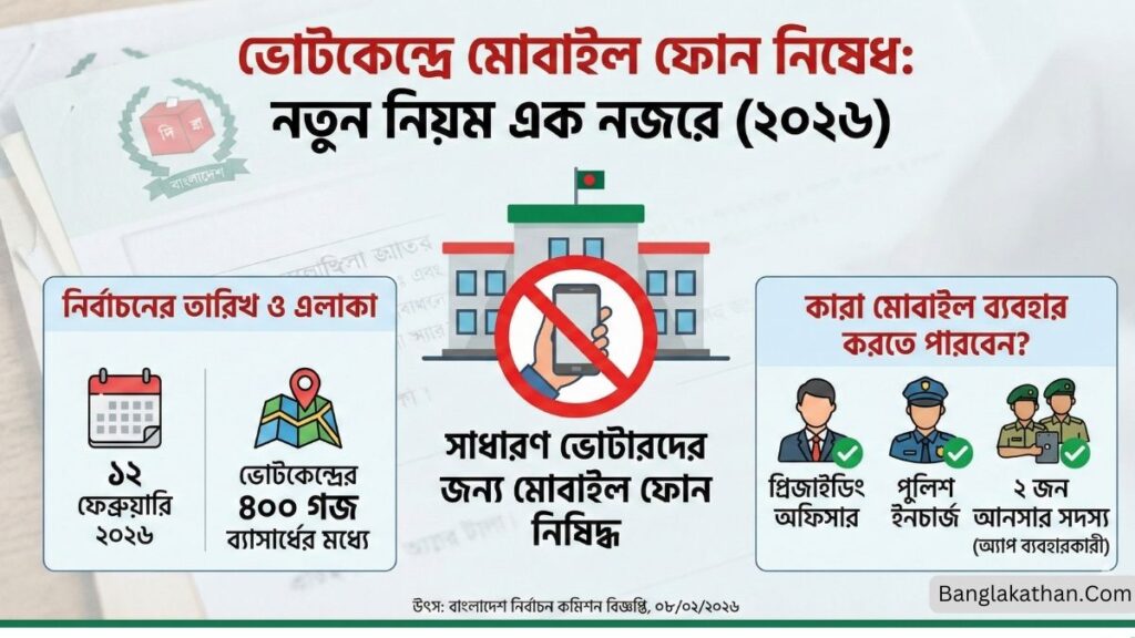 ভোটকেন্দ্রে মোবাইল ফোন নিয়ে প্রবেশ নিষেধ ত্রয়োদশ জাতীয় সংসদ নির্বাচন ও গণভোট ২০২৬