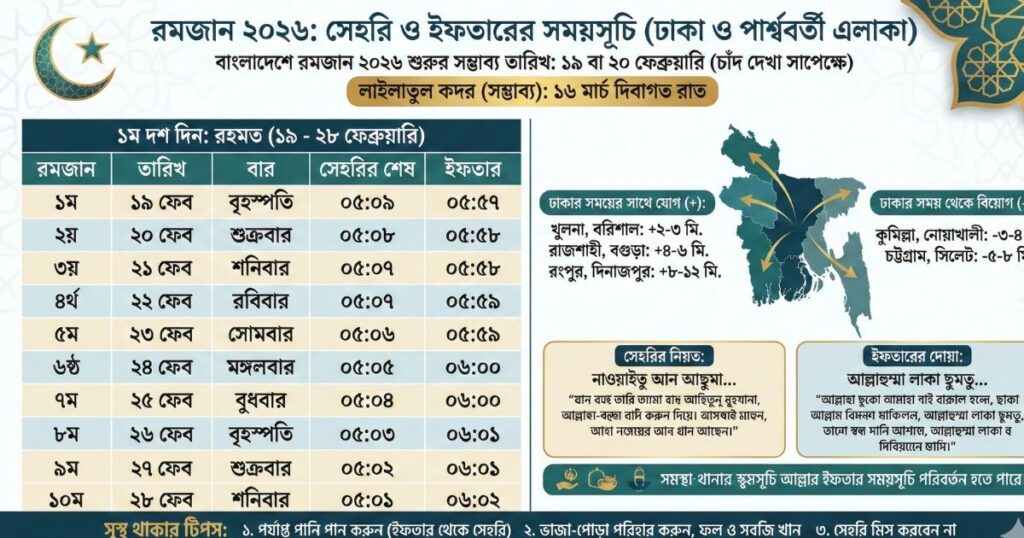 রমজান ২০২৬ সেহরি ও ইফতারের পূর্ণাঙ্গ সময়সূচি