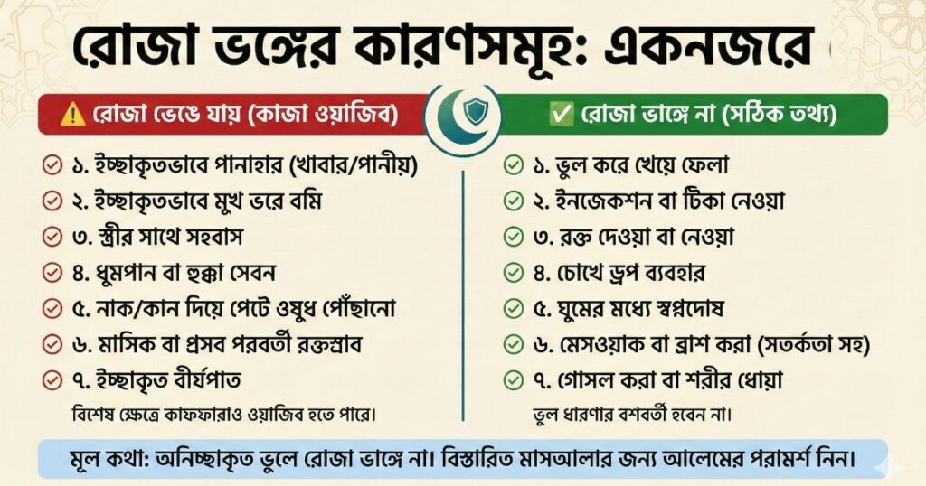 রোজা ভঙ্গের কারণসমূহ যা করলে রোজা ভেঙে যায় ও কাজা-কাফফারা ওয়াজিব হয়