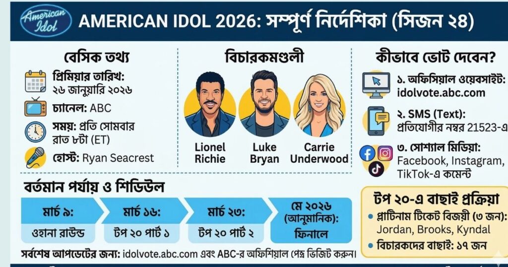 American Idol 2026 ভোট দেওয়ার নিয়ম, টপ ২০ প্রতিযোগী ও বিচারক