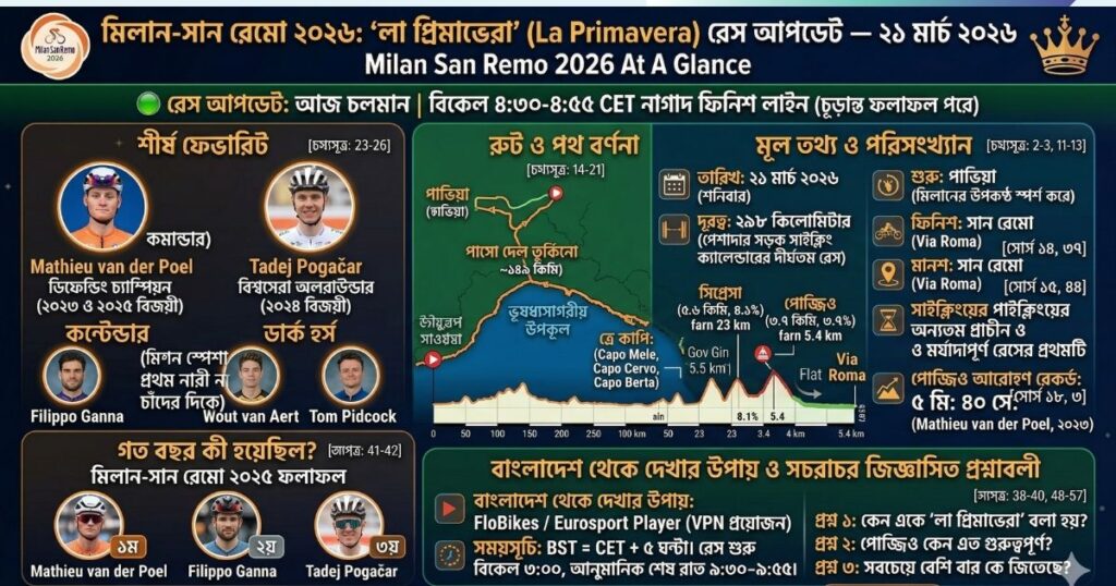 Milan San Remo 2026 রুট, ফেভারিট, ফলাফল ও ইতিহাস ও ফলাফল