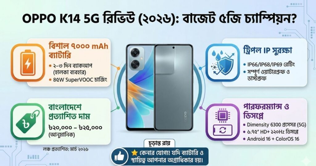 OPPO K14 5G রিভিউ, স্পেসিফিকেশন ও বাংলাদেশে দাম (২০২৬)