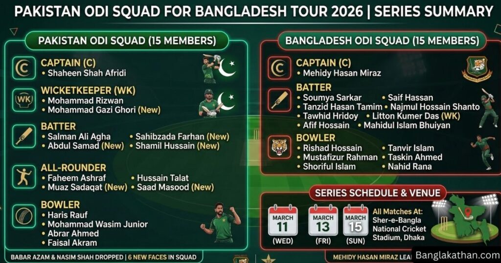 Pakistan ODI Squad for Bangladesh 2026 বাংলাদেশ-পাকিস্তান সিরিজের স্কোয়াড, সময়সূচি ও বিস্তারিত