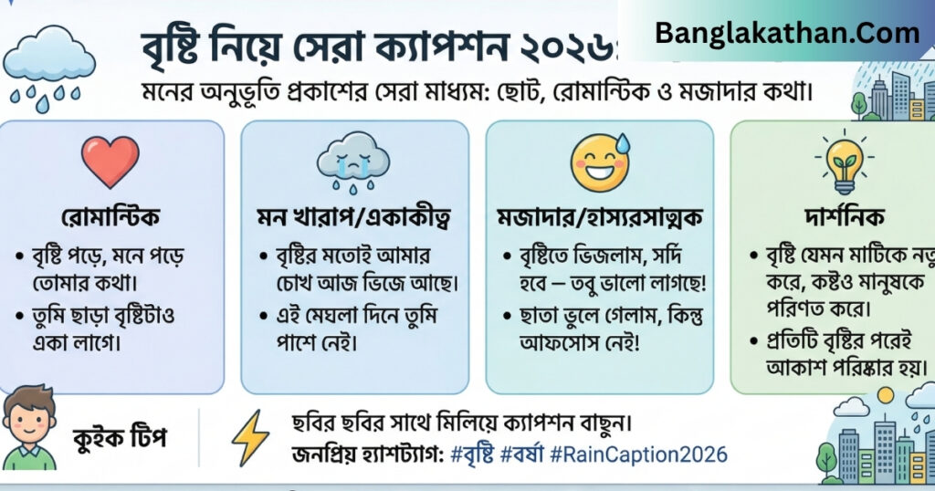 বৃষ্টি নিয়ে ক্যাপশন ২০২৬ সেরা ১৫০+ বাংলা ও ইংরেজি ক্যাপশন, স্ট্যাটাস ও উক্তি
