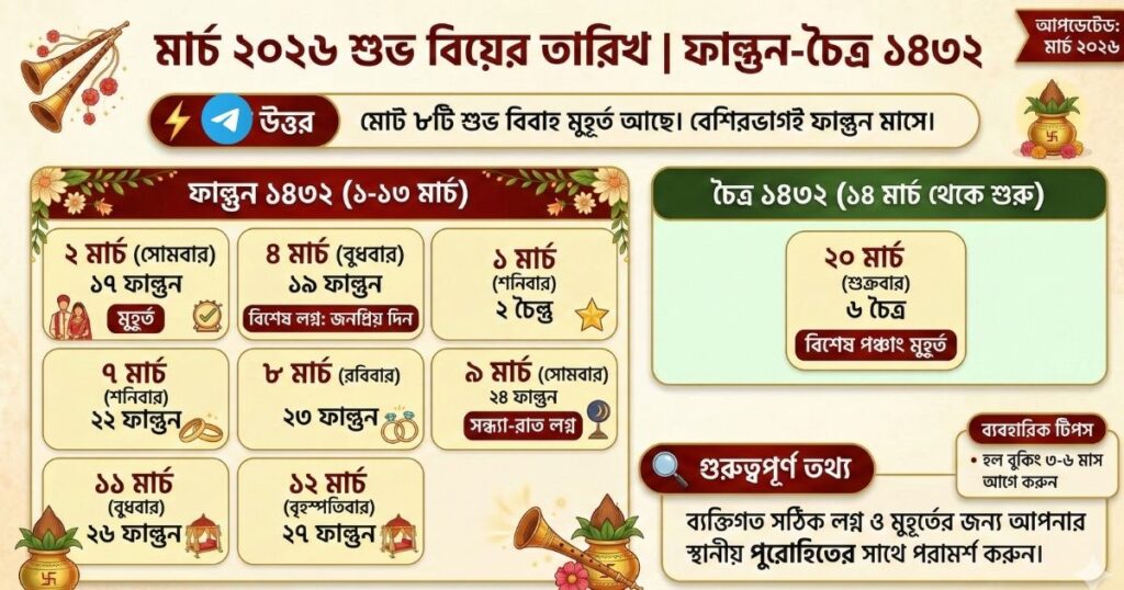 মার্চ মাসের বিয়ের তারিখ 2026 শুভ বিবাহ মুহূর্ত ও লগ্ন ফাল্গুন-চৈত্র ১৪৩২