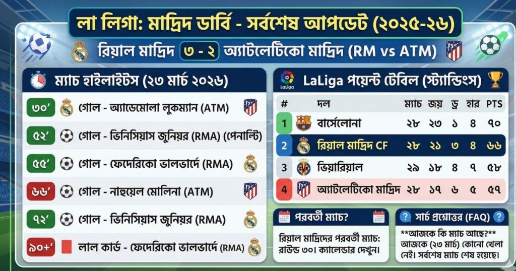 রিয়াল মাদ্রিদ বনাম অ্যাটলেটিকো মাদ্রিদ লাইনআপ, পয়েন্ট টেবিল ও ম্যাচ হাইলাইটস