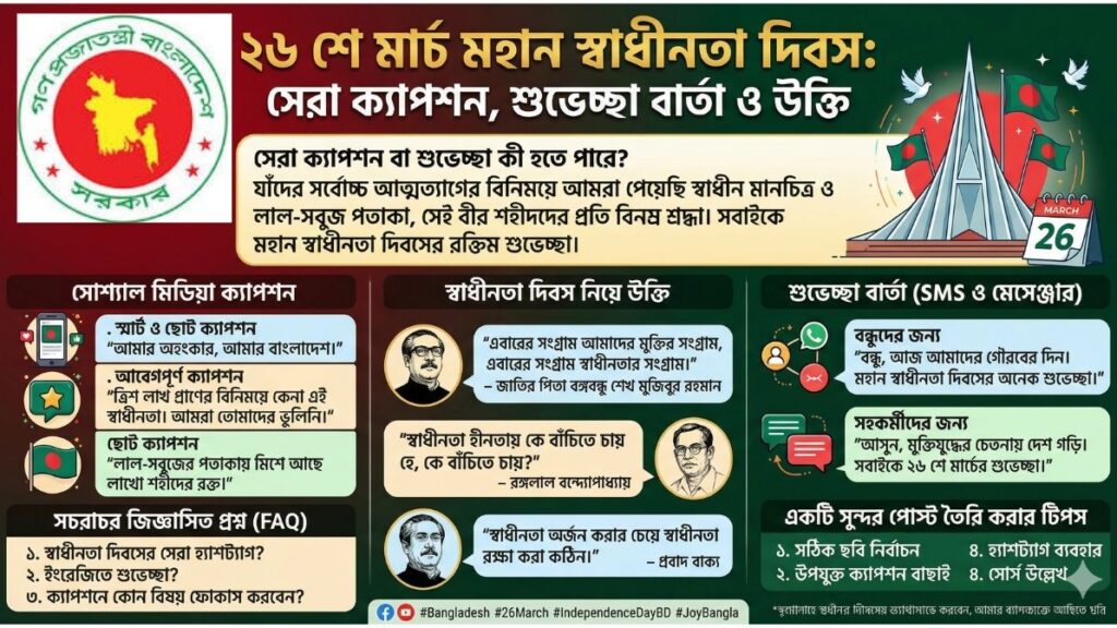 ২৬ শে মার্চ মহান স্বাধীনতা দিবস সেরা ক্যাপশন, শুভেচ্ছা বার্তা ও উক্তি