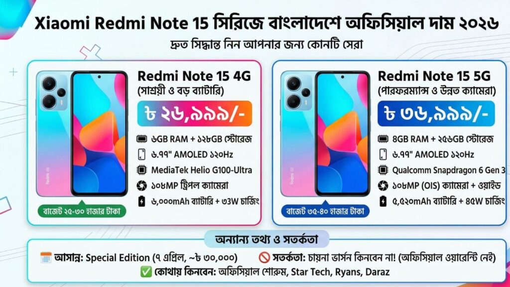Xiaomi Redmi Note 15 বাংলাদেশে দাম ২০২৬