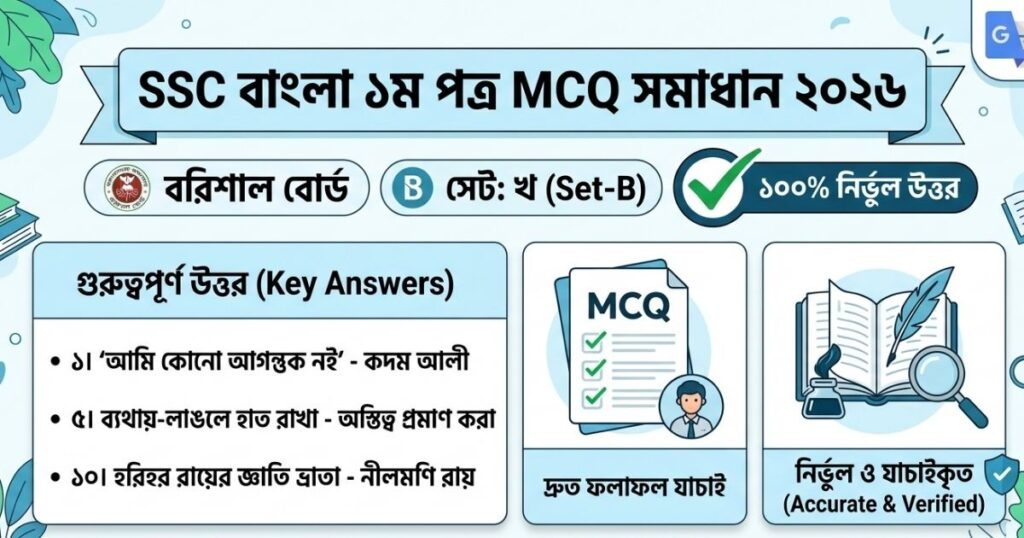 এসএসসি বরিশাল বোর্ড বাংলা ১ম পত্র বহুনির্বাচনি (MCQ) প্রশ্ন সমাধান ২০২৬