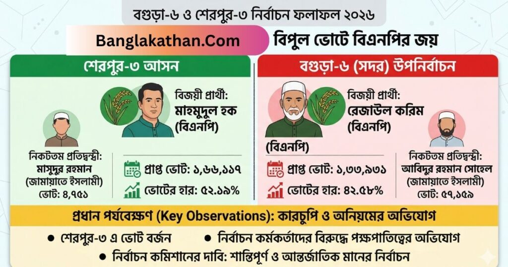 বগুড়া-৬ ও শেরপুর-৩ নির্বাচন ফলাফল ২০২৬ দুই আসনেই বিপুল ভোটে বিএনপির জয়