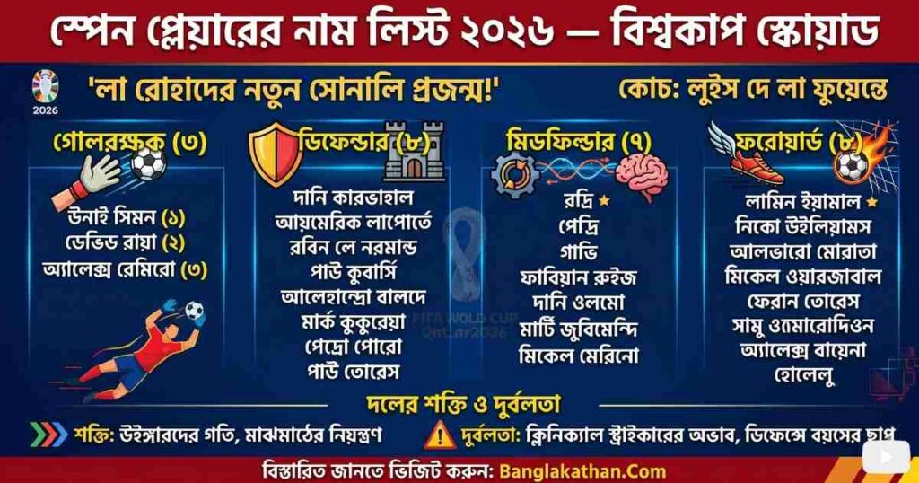স্পেন প্লেয়ারের নাম লিস্ট ২০২৬